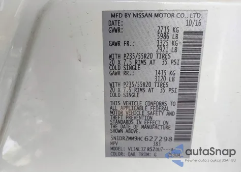 2017 Nissan Pathfinder Platinum из США, поврежденный, VIN 5N1DR2MM9HC627298